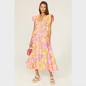 Derek Lam Pink & Orange Floral Tiered Cap Sleeve Maxi Dress-Size US 2 & EU 38